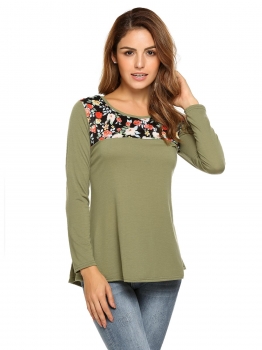 

Olive Green Floral Patchwork Long Sleeve Crew Neck Basic Tops, Multicolor