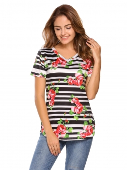 

Floral Short Sleeve V-neck Loose Tops, Multicolor