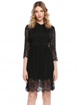 

Black Vintage Long Sleeve Lace Patchwork Cocktail A-Line Dress, Multicolor