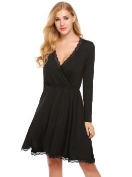 

Black Women Casual Crossing V-Neck Long Sleeve Elastic Waist A-Line Pleated Sexy Dress, Multicolor