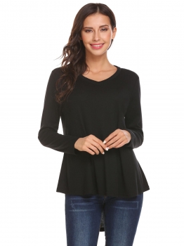 

Black Women V-Neck Long Sleeve High Low Solid Casual Loose T-Shirt Tops, Multicolor