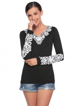 

Black Lace Applique V-Neck Long Sleeve Slim Tops, Multicolor