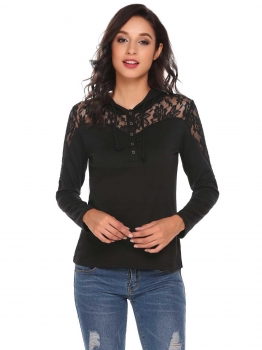 

Black Women Drawstring Long Sleeve Lace Patchwork Pullover Hoodie, Multicolor