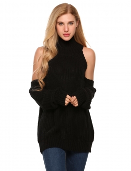 

Black Long Sleeve High Neck Solid Cold Shoulder Slim Sweaters, Multicolor