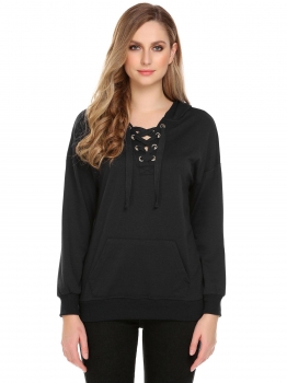 

Black Women Casual Hooded Long Sleeve Solid Crossing Straps Thread Hem and Cuffs Hoodie, Multicolor