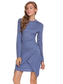 

Blue Long Sleeve Solid Round Neck Tulip Bodycon Dress, Multicolor