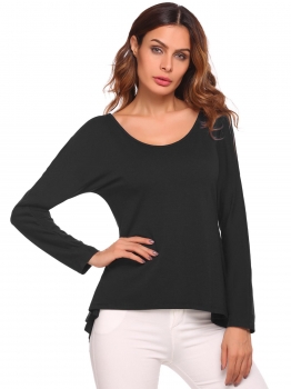 

Black Solid Long Sleeve V Neck Loose High-low Tops, Multicolor