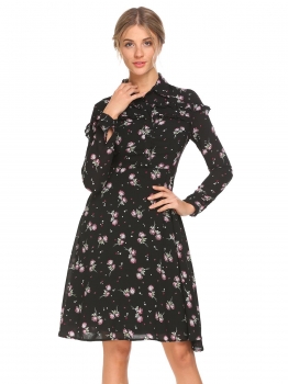 

Black Women Turn Down Collar Long Sleeve Floral Print Fit and Flare Casual Shirt Dress, Multicolor
