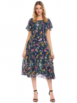 

Navy blue Elegant Short Sleeve Floral Fit and Flare Chiffon Casual Dress, Multicolor