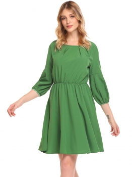 

Green Women Casual O Neck Ruched Collar Lateran Sleeve Solid Pleated Dress, Multicolor