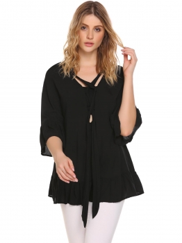 

Black Solid Lacing V Neck Ruffle Sleeve Tops, Multicolor