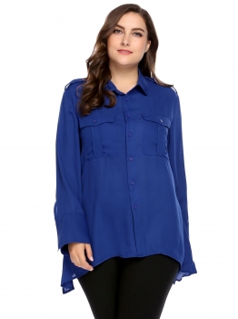 

Blue Plus Size Solid Long Sleeve Loose Casual Chiffon Shirts, Multicolor