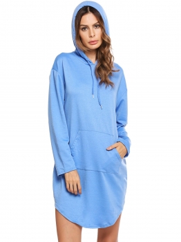 

Blue Long Sleeve Sports Hoodie Dress With Pockets, Multicolor