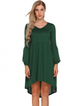 

Green V Neck High Low Solid Asymmetric Hem Dress, Multicolor