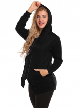 

Black Long Sleeve Hooded Asymmetric Loose Zipper Basic Coat, Multicolor