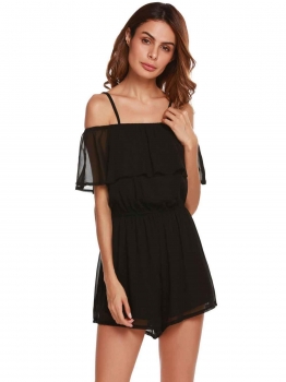 

Black Spaghetti Strap Ruffle Solid Chiffon Romper, Multicolor