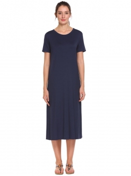 

Dark blue Loose O-Neck Short Sleeve Split Solid Dress, Multicolor
