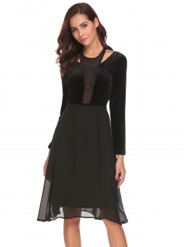 

Black Women Casual O-Neck Long Sleeve Patchwork Cold the Shoulder Velvet A-Line Pleated Sexy Dress, Multicolor