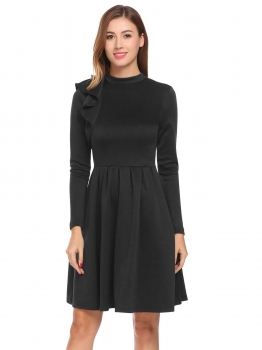 

Black Women Casual Stand Collar Long Sleeve A-Line Pleated Hem Retro Style Casual Dress, Multicolor