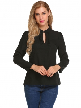 

Black Stand Collar Keyhole Long Sleeve Asymmetrical Slim Blouse, Multicolor