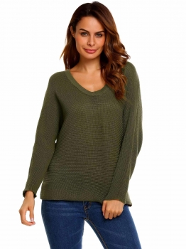 

Army green Long Sleeve V-Neck Solid Loose Pullover Knitted Sweaters, Multicolor