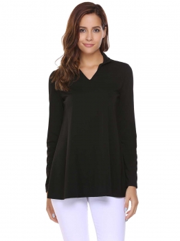 

Black Solid Turn-down Collar Long Sleeve Loose Blouse, Multicolor