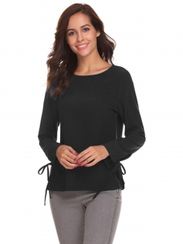 

Black Women Casual O-Neck Long Sleeve Solid Back and Cuffs Lace Up Loose Blouse T-shirt Tops, Multicolor