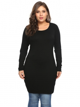 

Black Plus Size Solid Long Sleeve Ruched Slim Long Tops, Multicolor