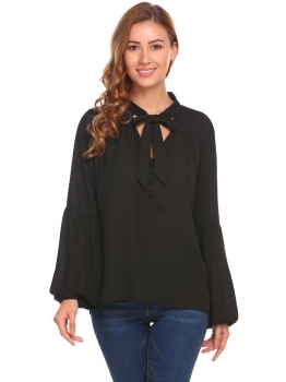 

Black Women's Tie-Bow Neck Lantern Sleeve Solid Casual Loose Blouse Top, Multicolor
