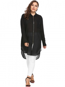 

Black High Low Hem Loose Chiffon Zip Up Jackets with Pocket, Multicolor