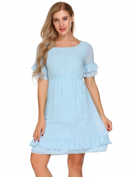 

Light blue O-Neck Ruffles Sleeve Dot A-Line Dress, Multicolor