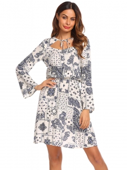 

White A-Line Square Neck Long Trumpet Sleeve Floral Loose Dress, Multicolor