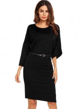 

Black Bat Sleeve Loose Solid Belted Dress, Multicolor