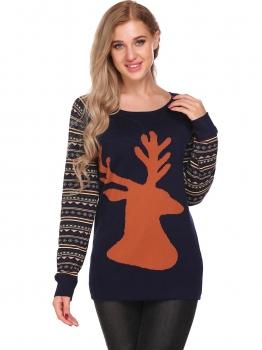 

Navy blue Christmas Reindeer Slim Thin Knit Pullover Sweater, Multicolor