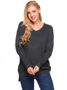 

Gray V-Neck Long Sleeve Solid Loose Knitted Sweater, Multicolor