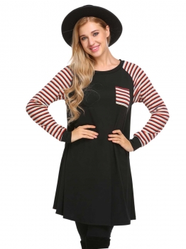 

Black Long Sleeve Striped Shift Mini Loose Casual Tee Dress, Multicolor