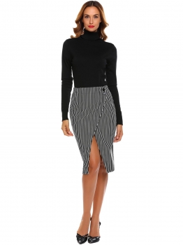 

Black Women Casual High Elastic Waist Button Striped Asymmetrical Hem Sexy Skirt, Multicolor
