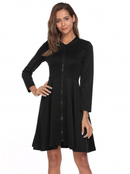 

Black Lace Patchwork Stand Collar Long Sleeve Zip Front Flare Dress, Multicolor