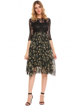 

Black Lace Patchwork Floral Print Chiffon Round Neck A Line Dress, Multicolor