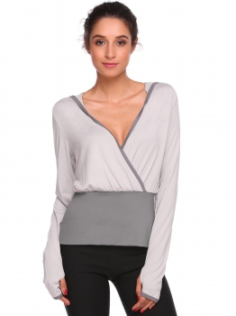 

Gray Hooded Wrap V-Neck Long Sleeve Contrast Color Patchwork Tops, Multicolor