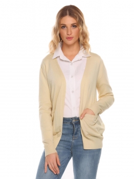 

Beige Long Sleeve Front Open Solid Loose Knitting Cardigan, Multicolor