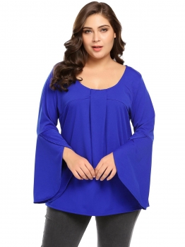 

Blue Women Plus Size Solid Long Flare Sleeve Pleated Tunic T-Shirt, Multicolor
