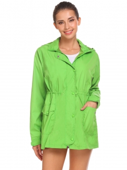 

Green Women Long Sleeve Hooded Drawstring Waist Full Zip Windbreaker Lined Coat Jacket, Multicolor