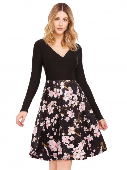 

Black Long Sleeve Floral Patchwork Dress, Multicolor