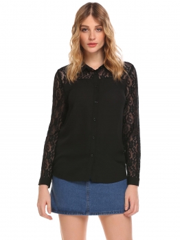 

Black Women Long Sleeve Turn Down Collar Chiffon Lace Patchwork Button Shirts, Multicolor
