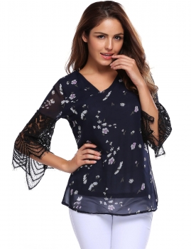 

Navy blue Print Lace Patchwork Loose 3"4 Sleeve V-Neck Chiffon Blouse, Multicolor