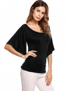 

Black Flare Sleeve Scoop Neck Solid Slim Ruched Bandage Tops, Multicolor