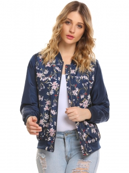 

Navy blue New Women Casual Floral Print Long Sleeve Contrast Trim Coat Baseball Jacket, Multicolor
