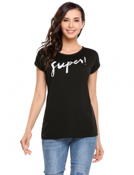 

Black O-Neck Short Sleeve Letter Prints T-shirt, Multicolor