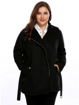 

Black Plus Size Long Sleeve Solid Zipper Casual Belt Coat, Multicolor